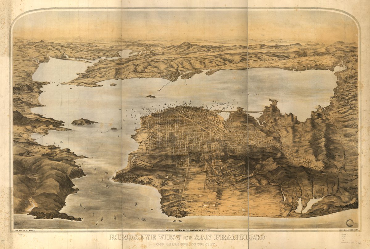 This 1876 bird's eye view map of San Francisco shows the layout of the city and the view towards Oakland and Berkeley. See the full map online here: loc.gov/item/75693103/…