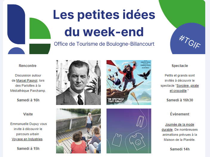 #𝗧𝗚𝗜𝗙 L'évènement du weekend à #boulognebillancourt : 𝗝𝗼𝘂𝗿𝗻𝗲́𝗲 𝗱𝗲 𝗹𝗮 𝗺𝗼𝗱𝗲 𝗱𝘂𝗿𝗮𝗯𝗹𝗲 📍 Maison de la Planète Pour en savoir plus consultez le lien : tinyurl.com/6uh8bcsz Bon weekend à tous ! 🙌 @Ville_BoulogneB @BoulogneCulture