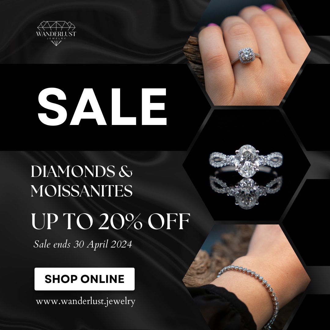 ✨ April Sparkle SALE Alert! 💎 Up to 20% OFF our Diamond & Moissanite Collections! 💍✨ Hurry, this sale won't last forever! 💖 Shop these dazzling discounts online 🛍️ >>> wanderlust.jewelry/shop/on-sale/ #WanderlustJewelry #Diamonds #Moissanites #Sale