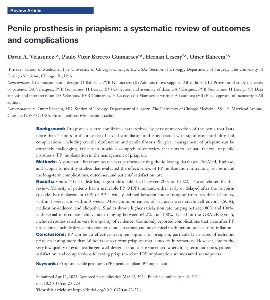 Systematic review of penile prostheses use in men with priapism shows majority of priapism patients had malleable prosthesis in early and delayed presentation >36h or recurrent priapism tau.amegroups.org/article/view/1… #SpecialEdition .@JSimhan .⁦⁦@dbarhammd⁩