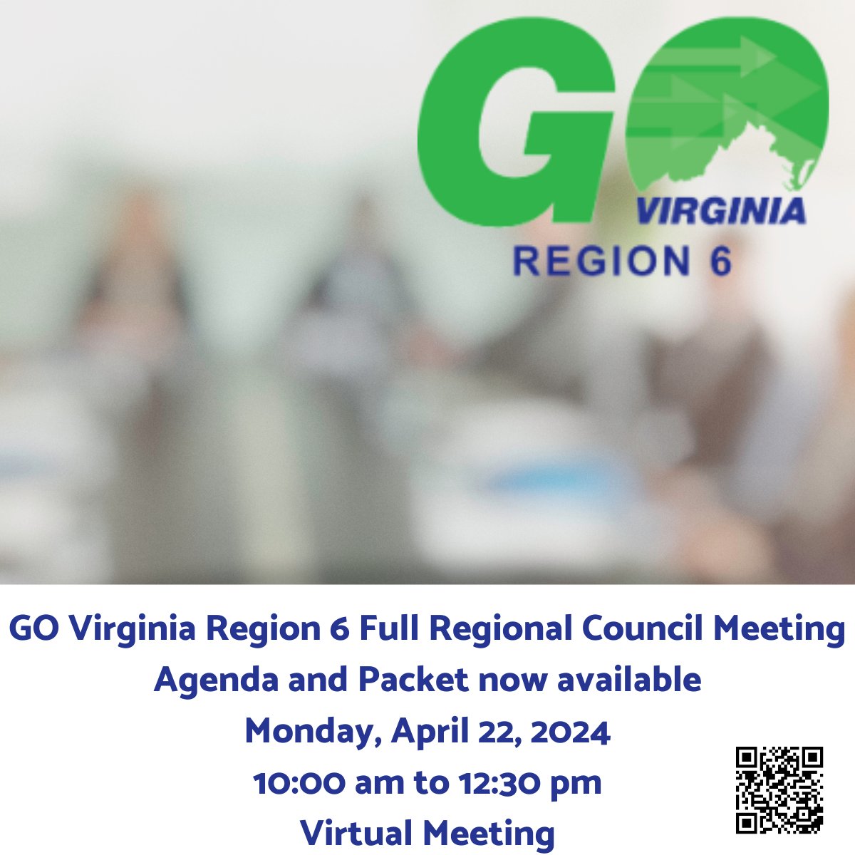 The full council of the Mary Ball Washington Regional Council - GO Virginia Region 6 will meet on April 22nd, 2024 from 10:00 am to 12:30 pm. See the link or QR code below for more details. loom.ly/vaMDI9w