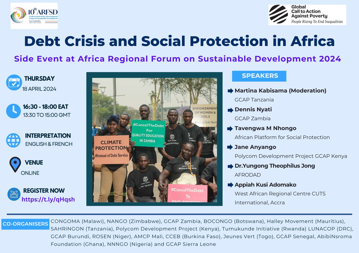 Join GCAP side-event on Debt Crisis & Social Protection in Africa at Africa Regional Forum on Sustainable Development 2024.
  
Date: 18 April
  
Time: 13:30-15:00 gmt
  
Registration: t.ly/qHqsh
 
Details: t.ly/jpMC_
 
#CancelTheDebt #USPF #DebtJustice