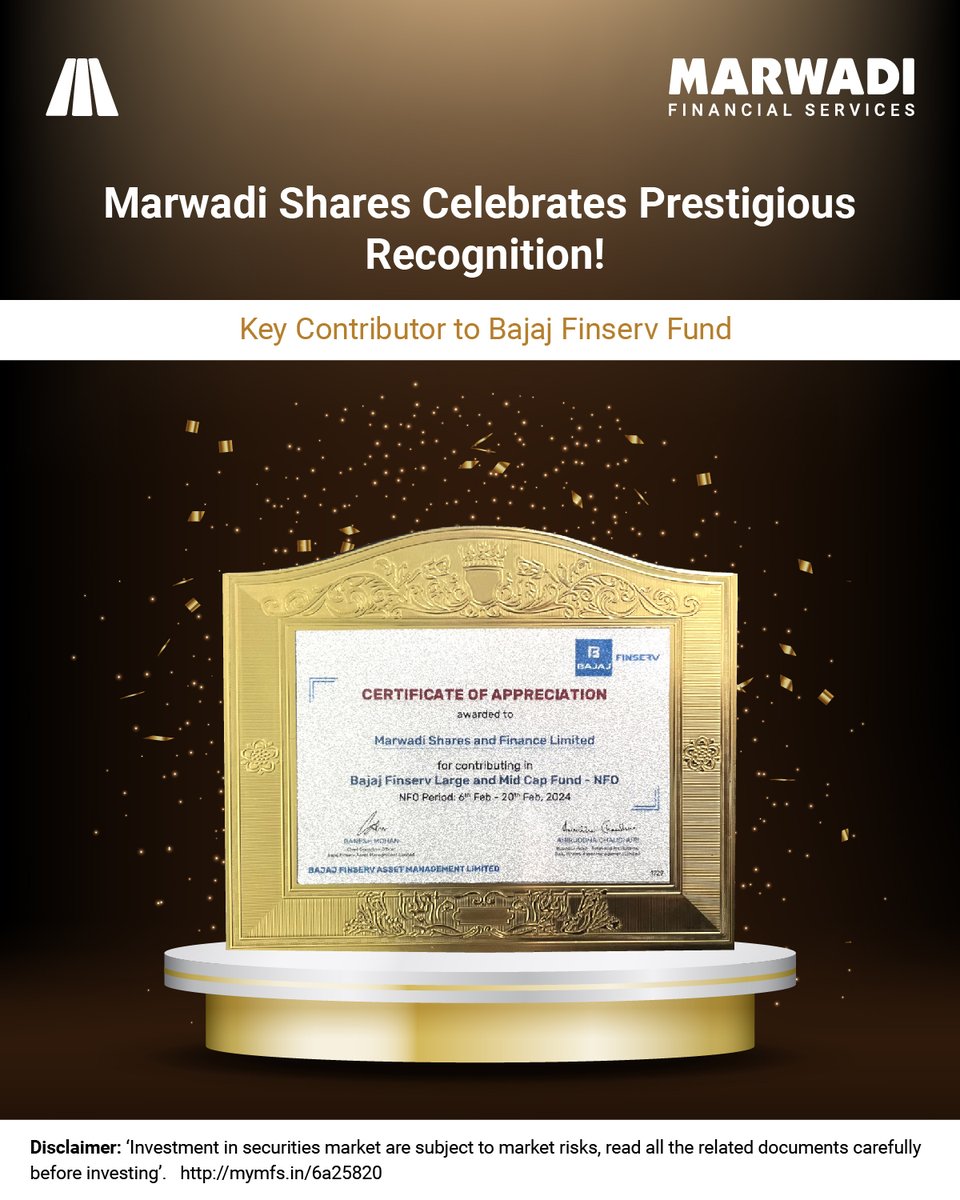 We feel praised to be awarded by Bajaj Finserv for our role in the Large and Mid-Cap Fund - NFO. 
Together, we achieve greatness! 

Disclaimer: We are the only distributors of this product. 

#AwardAchievement #MSFLSuccess #AwardWinners #MSFLProud #MSFL #MSFLindia #MSFLHQ