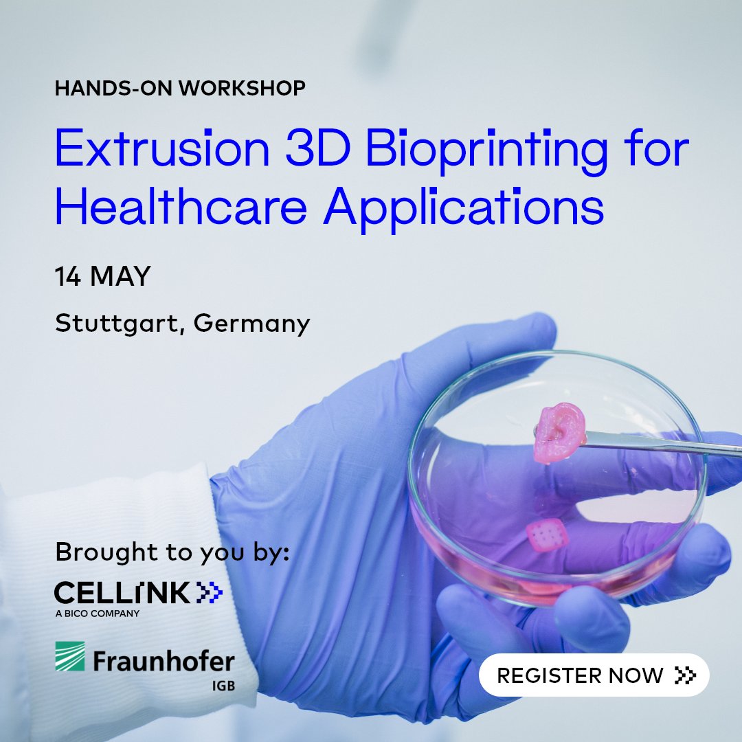 Sign up for this interactive workshop at the Fraunhofer Institute in Stuttgart on 14 May. Join the hands-on training, which will cover everything from 3D model creation, to multimaterial and FRESH bioprinting, and much more. Register now bit.ly/442xCTq