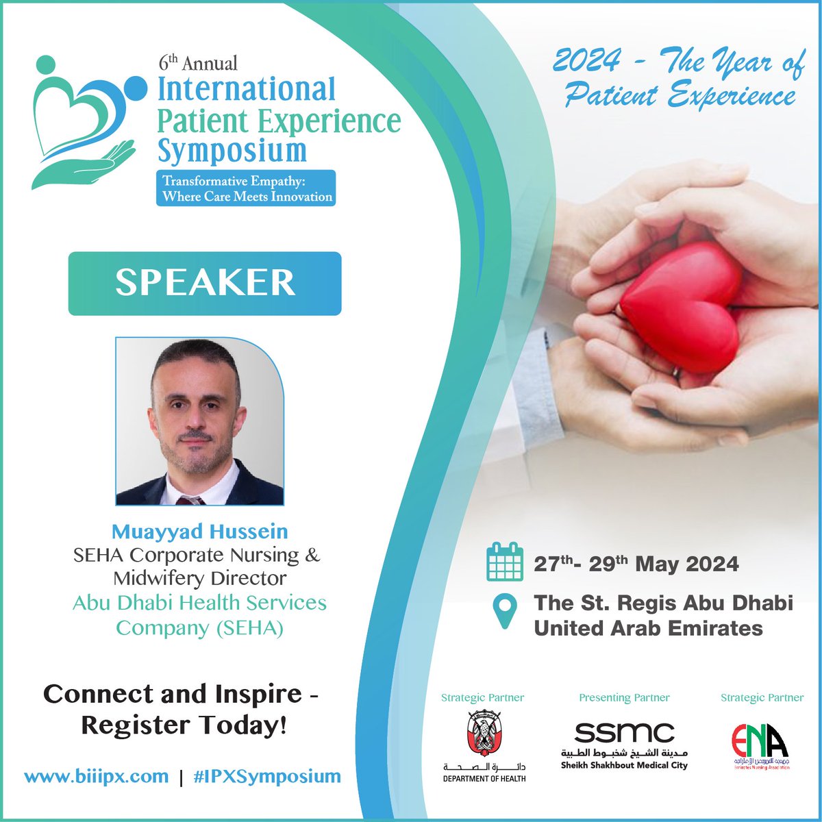 🌟Meet Muayyad Mohammad Hussein, SEHA Corporate #Nursing & Midwifery Director at @SEHAHealth at the 6th Annual International #PatientExperience Symposium!
🔗 Register Now: biiipx.com/register
#IPXSymposium #IPX #PX2024 #HealthcareInnovation #PatientCare #healthcare