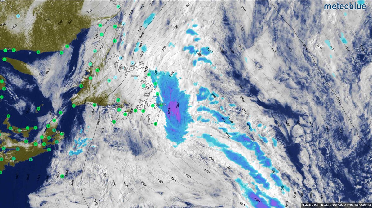 An area of low pressure is currently taking shape offshore. As this backs in, snow and rain will increase over eastern and northeastern Newfoundland. Wind speeds will ramp up as well, especially along/near Notre Dame and Bonavista Bays. #nlwx