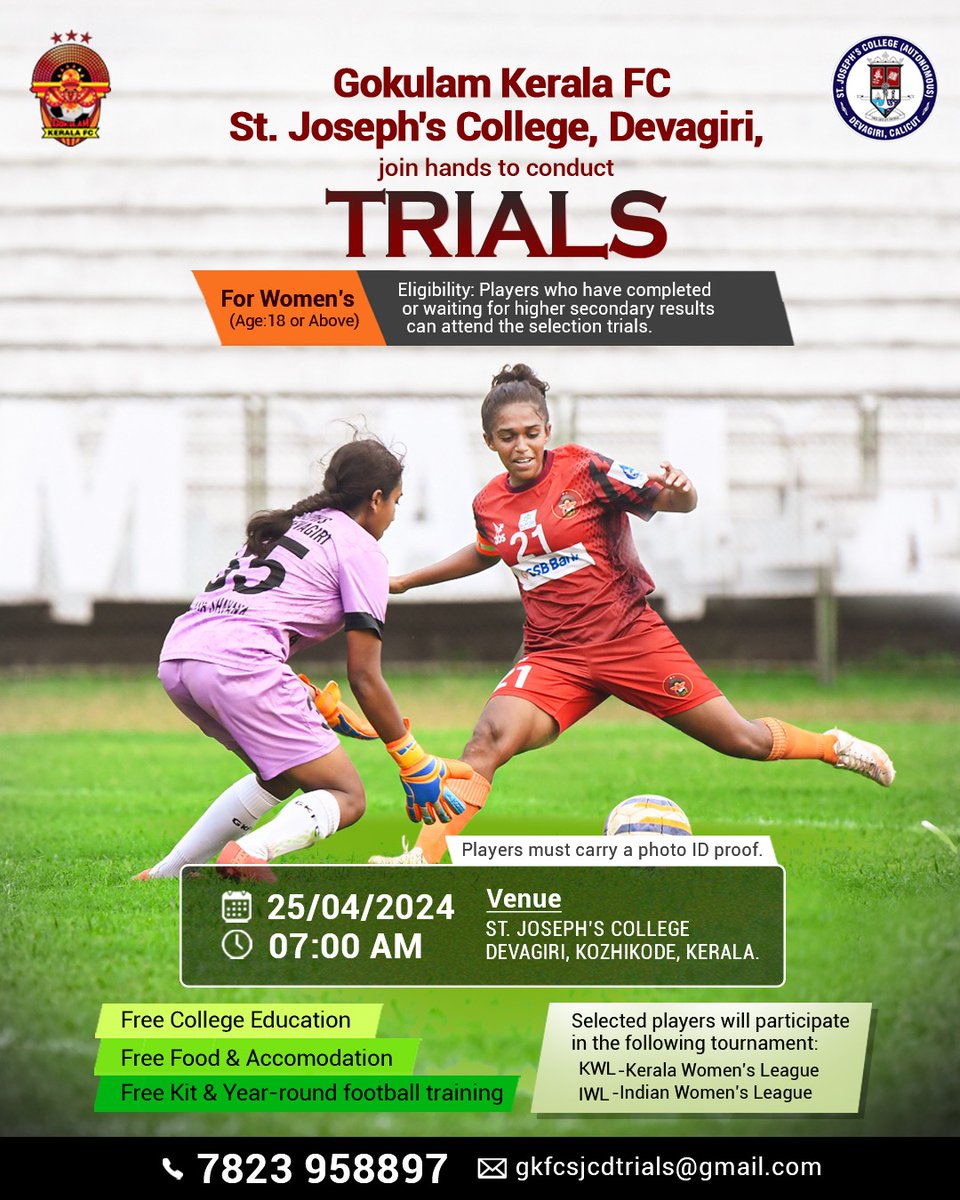 🌟 Attention, future football stars! The stage is set for trials open to female players who've completed or are awaiting their higher secondary results. Join us on this exciting journey to uncover new talent and shine on the field! ⚽️✨ #gkfc #malabarians #indianfootball