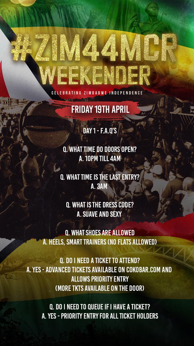 RueCynthia1's tweet photo. #ZIM44MCR 🇿🇼 

Friday 19th April - BLVD

Saturday 20th April - Flamingo Shisha Lounge 

Tickets: https://t.co/CcfFtyo71u…

@TEAMSOSUAVE &amp; @CokobarMcr https://t.co/U0BLhxz3nk