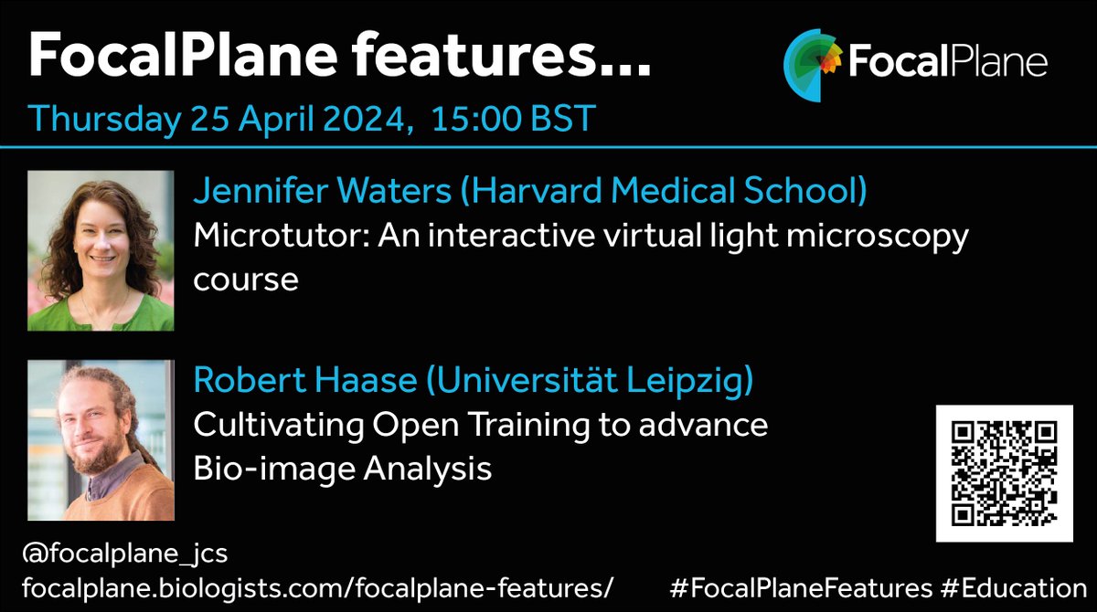 Join us next week for #FocalPlaneFeatures microscopy education with @JenCWaters and @haesleinhuepf. This week, Jennifer’s been teaching the iconic @QIatCSHL course; while Robert’s has been presenting @DataWeekLeipzig! Register here: focalplane.biologists.com/2024/03/28/foc…