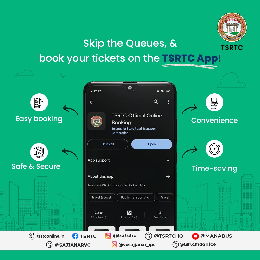 Get the official TSRTC Online Booking App for safe, secure, and seamless ticket booking. Download now for hassle-free travel!.
.
.
#tsrtc #tsrtcbuses #publictransport #acbuses #publictransportation #transportation #transport #tsrtcapp #DownloadNow #downloadtheapp #ticketbookings