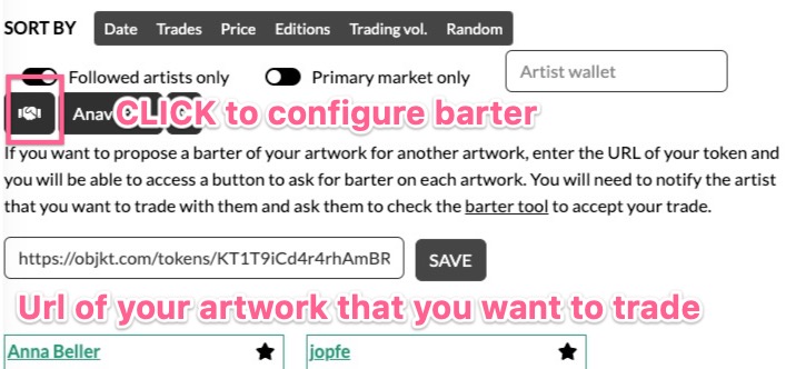 You can now ask to trade your artwork with the artwork of someone else on event page of objkt4objkt. 1/ You must click on the handshake button and entre the url of your artwork that you are willing to trade ⬇️