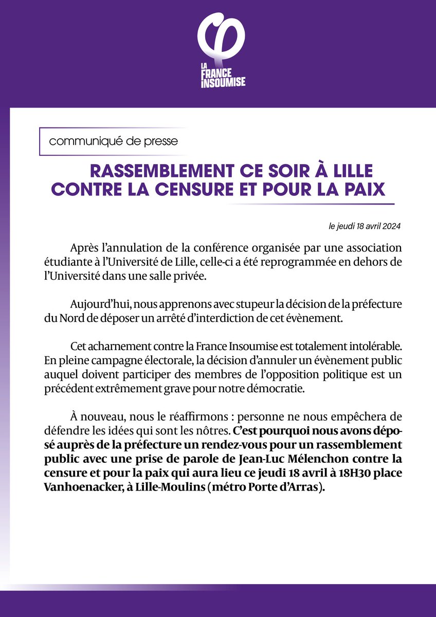 mbompard's tweet photo. ALERTE : nous apprenons avec stupeur que la préfecture du Nord vient de prendre un arrêté d’interdiction contre la conférence de Jean-Luc Mélenchon et Rima Hassan.

Cet acharnement est totalement intolérable. En pleine campagne électorale, la décision d’annuler un évènement public auquel doivent participer des membres de l’opposition politique est un précédent extrêmement grave pour notre démocratie.

Nous appelons à un rassemblement contre la censure et pour la paix ce soir à 18h30 sur la place Vanhoenacker, à Lille-Moulins (métro Porte d’Arras).