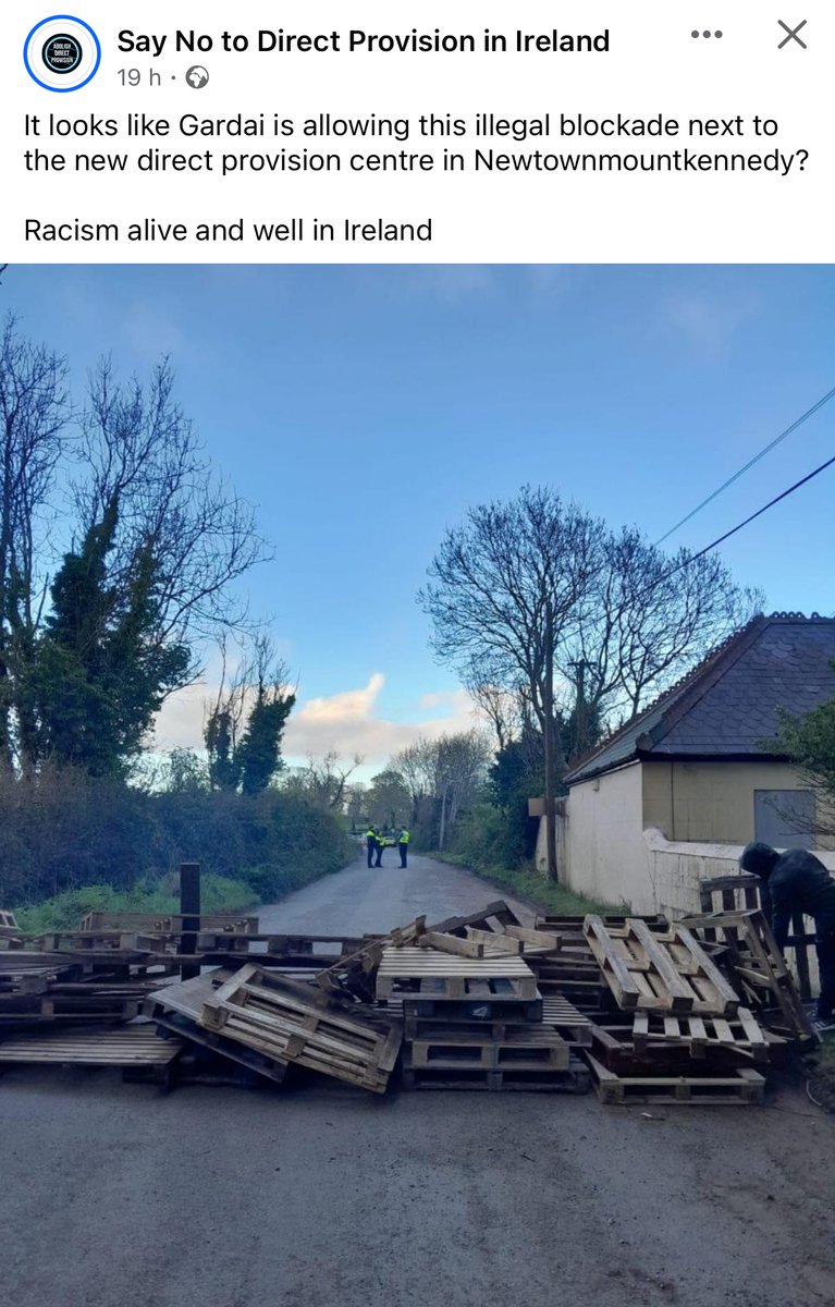 If I did this to the road outside my house, I'd doubtless be arrested within half an hour and the blockade removed immediately. Why do Gardai act completely differently when it's carried out by racists targeting asylum seekers? And we're expected to respect the Gardai?