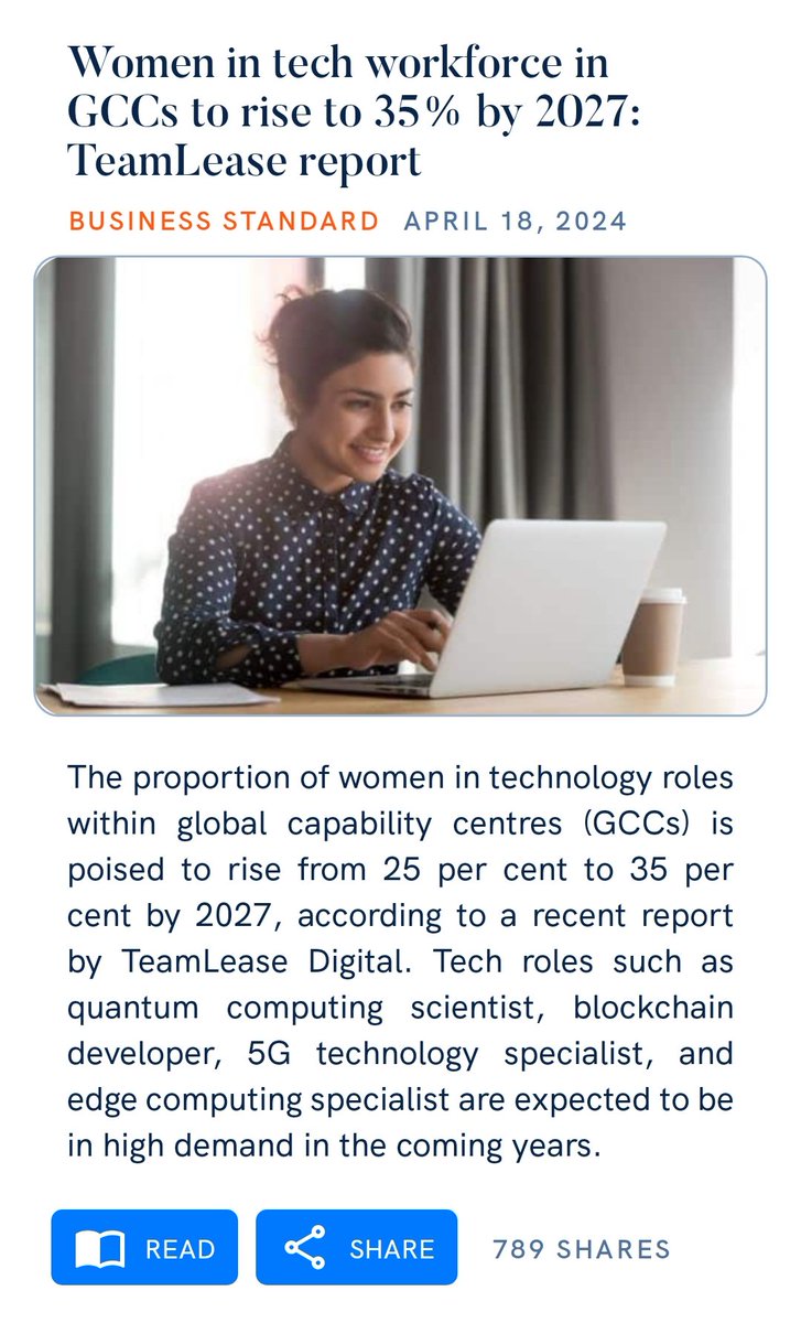 Women in tech workforce in GCCs to rise to 35% by 2027: TeamLease report
business-standard.com/industry/news/…