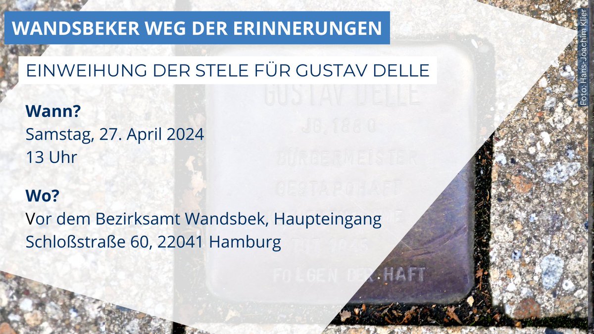 Am 27.04. wird eine neue Stele des #Wandsbek:er Weges der Erinnerung zur Erinnerung an Gustav Delle durch die Vizepräsidentin des Deutschen Bundestages, Aydan Özoğuz, &amp; den Vorsitzenden der Bezirksversammlung, André Schneider, eingeweiht.

Näheres dazu: t1p.de/hquvk