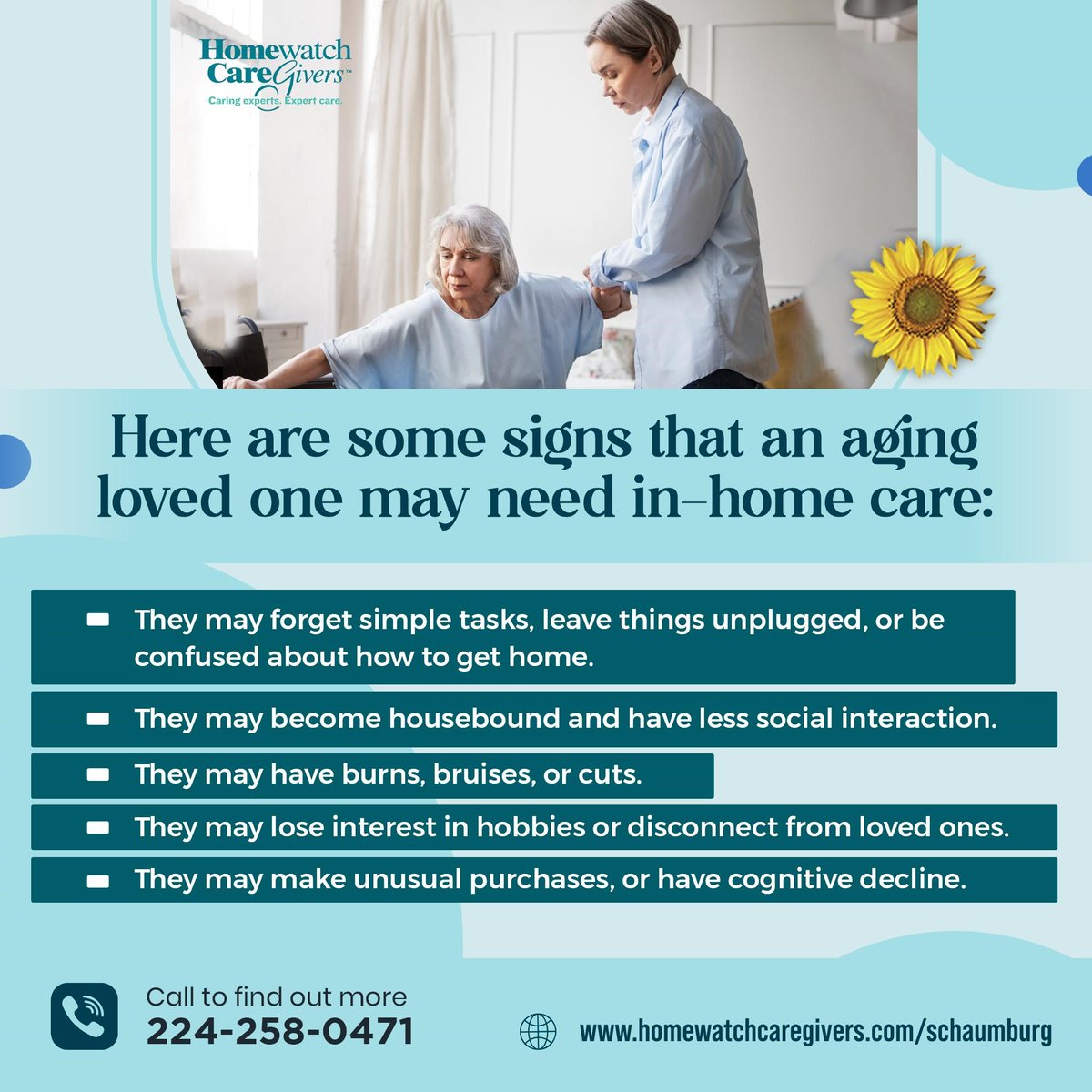 Is your aging loved one showing any of these signs? 
Leaving the stove on, forgetting appointments, or becoming withdrawn could be signs they need a helping hand. 
#homecare #HomeWatch #caregivers #trainedprofessional #elderscare #Caregiversschaumburg