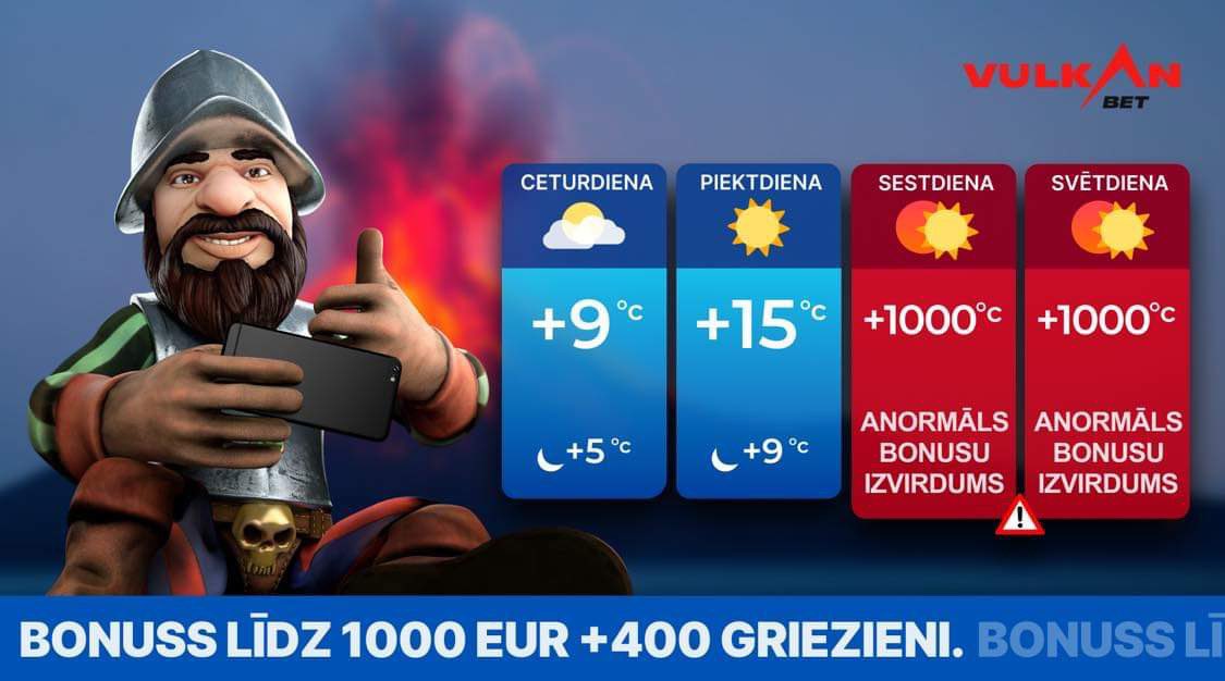 🌋Vulkanologi satraukti ziņo, ka vīkendā gaidāms bonusu izvirdums no Vulkanbet! 🎰

Jaunie klienti var tikt pie 400 brīvgriezieniem un 1000 EUR kazino bonusa, kamēr sporta faniem ir sagatavots bonuss līdz 500 EUR! 😳🤑

🔗Reģistrējies šeit: speletajiem.com/vulkanbet
