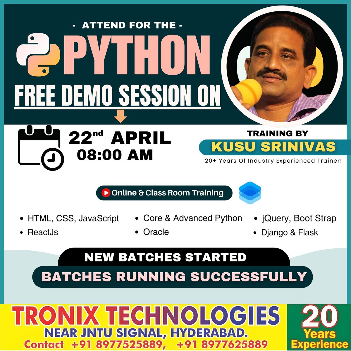 Don't Miss Out this Opportunity!
#python #pythonprogramming #pythonfullstack #pythontraining #testingtools #pythoncourse #pythonlearning #django #pythonfullstackcourse #tronixtechnologies #javascript #java #javafullstackcourse #javatraining #Javatraininginstitute