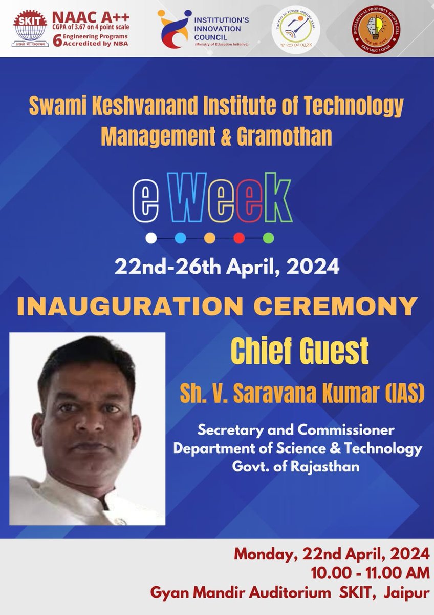 Sh. V. Saravana Kumar (Secretary and Commissioner, Department of Science and Technology, Govt. of Rajasthan) would grace the inauguration ceremony as the Chief Guest! @IndiaDST @DstRajasthan @AICTE_INDIA @ugc_india @cgpdtm_india @mhrd_innovation @socialmediartu @EduMinOfIndia…