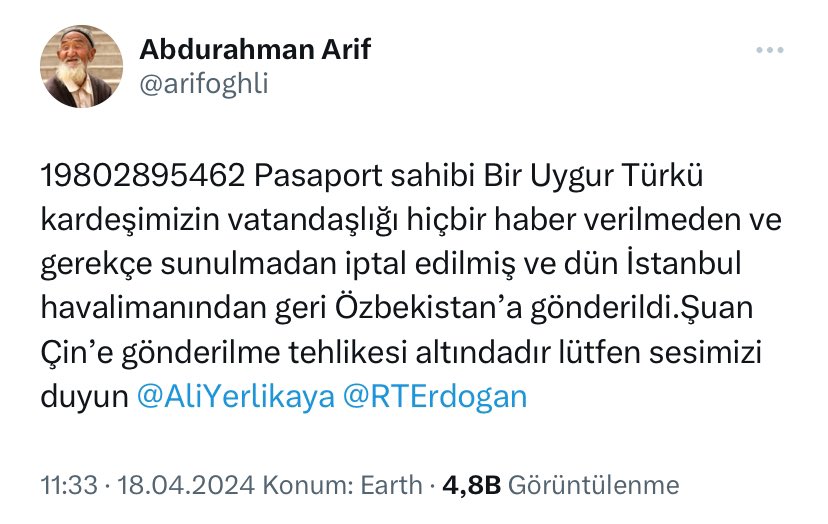 #ACİL 

Özbekistan'da ticaret için bulunan ve daha sonra Türkiye'ye geri dönen Abdusemi Ömeroğlu 17 Nisan 2024 tarihinde, İstanbul Havalimanında Türkiye Cumhuriyeti vatandaşı olmasına rağmen içeriye alınıp haklarını savunmasına bile müsaade edilmeden sınır dışı edidi.