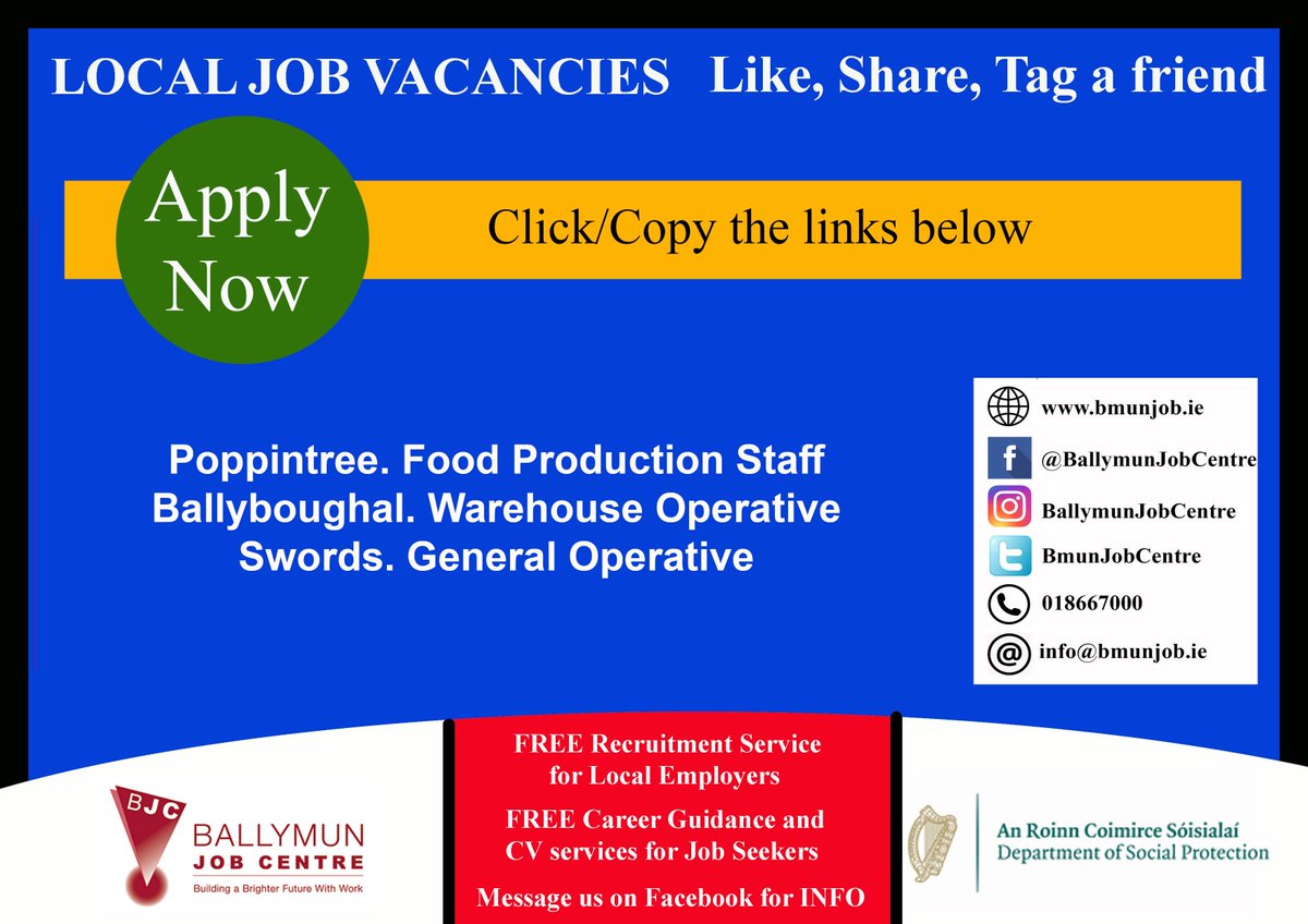 👉 Visit us at: Bmunjob.ie Vacancies #bmunjob #jobfairy #dublinjobS Poppintree. Food Production Staff is.gd/p1qLun Ballyboughal. Warehouse Operative is.gd/D1DTII Swords. General Operative is.gd/Gi9JqJ