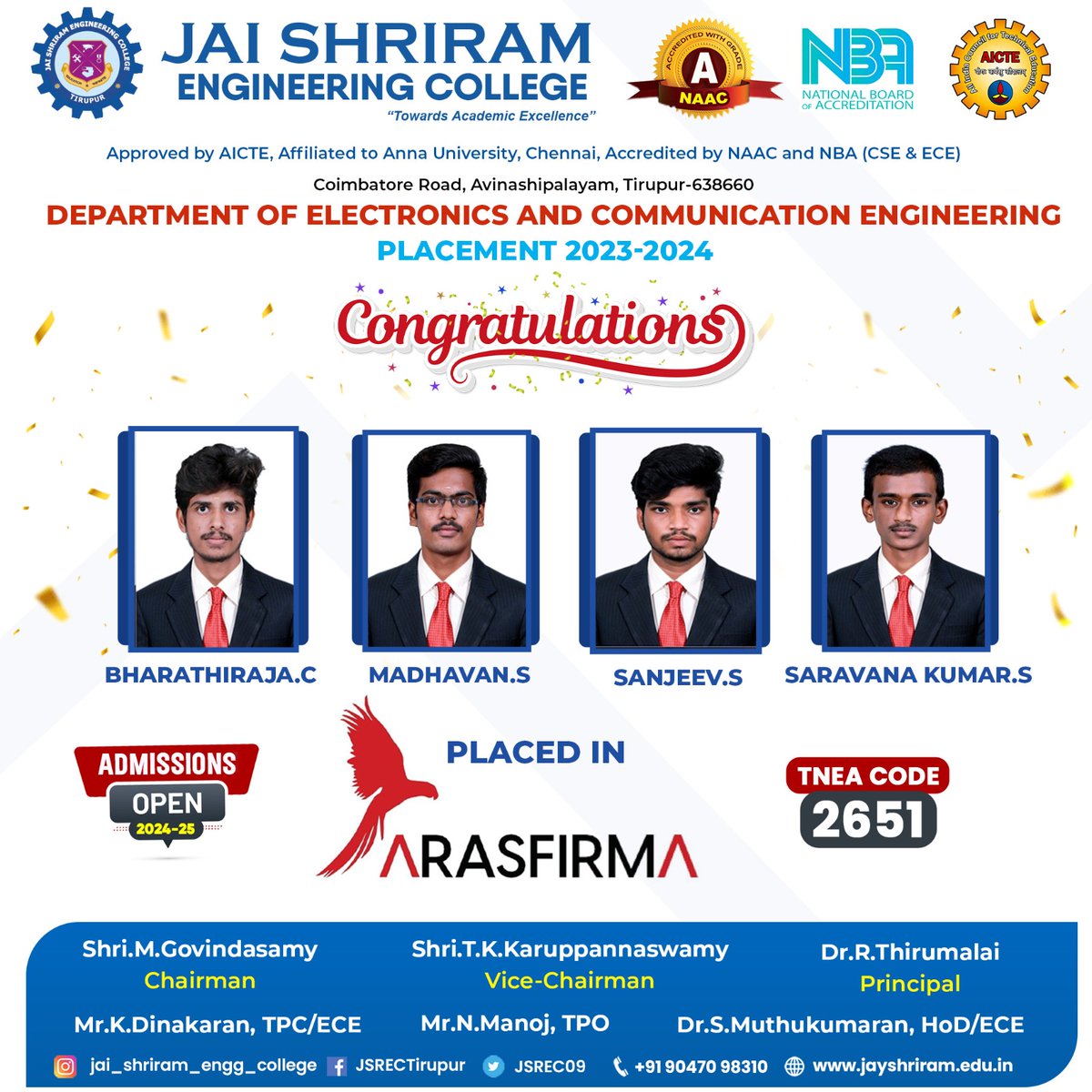 JSREC09's tweet image. Department of Electronics and Communication engineering Students Bharathiraja.C,Madhavan.s,Sanjeev.S,Saravanakumar.S got placed in Arasfirma

#jaishriramengineeringcollege #JSREC #college #annauniversity #engineering #student #placement #job #ece #cse #tirupur #culturals #event