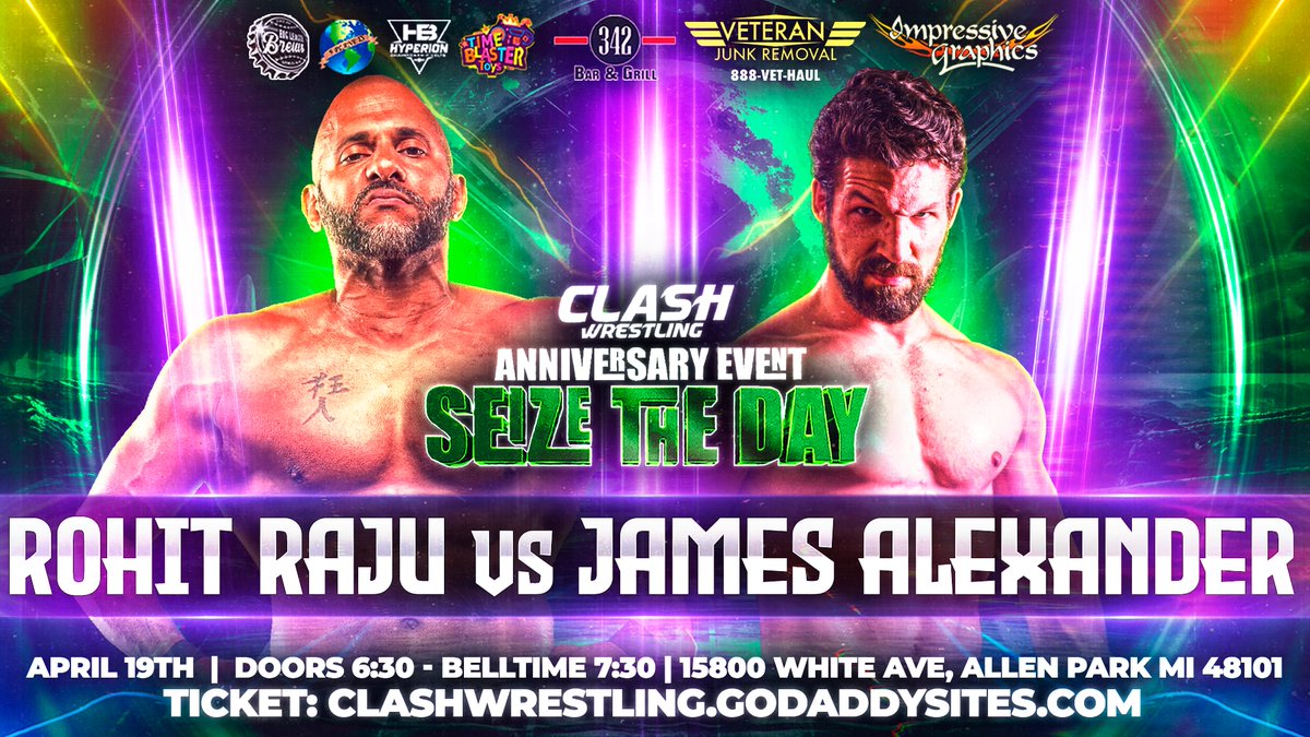 Catch James Alexander and Rohit Raju in the squared circle tomorrow night at CLASH Wrestling's Anniversary event! Don't miss the action! #SEIZETHEDAY 🥊🎉 🎟 available: clashwrestling.godaddysites.com #Prowrestling #WrestlingCommunity #wrestleUNIVERSE #IndyWrestling #Wrestling #Detroit