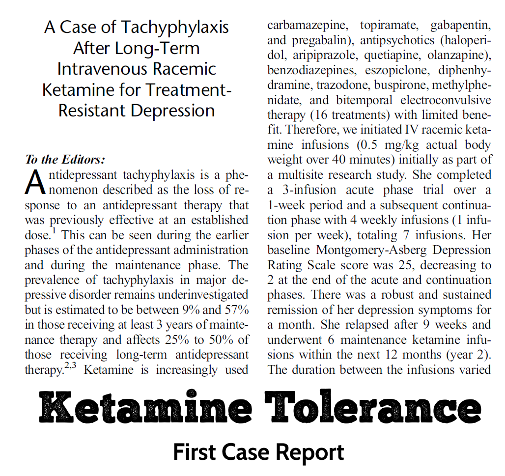 First case of ketamine tolerance from Mayo Clinic: pubmed.ncbi.nlm.nih.gov/38597410 To stay well, the patient required increasing frequency of #ketamine, until it no longer worked after 5 years. #depression #psychiatry