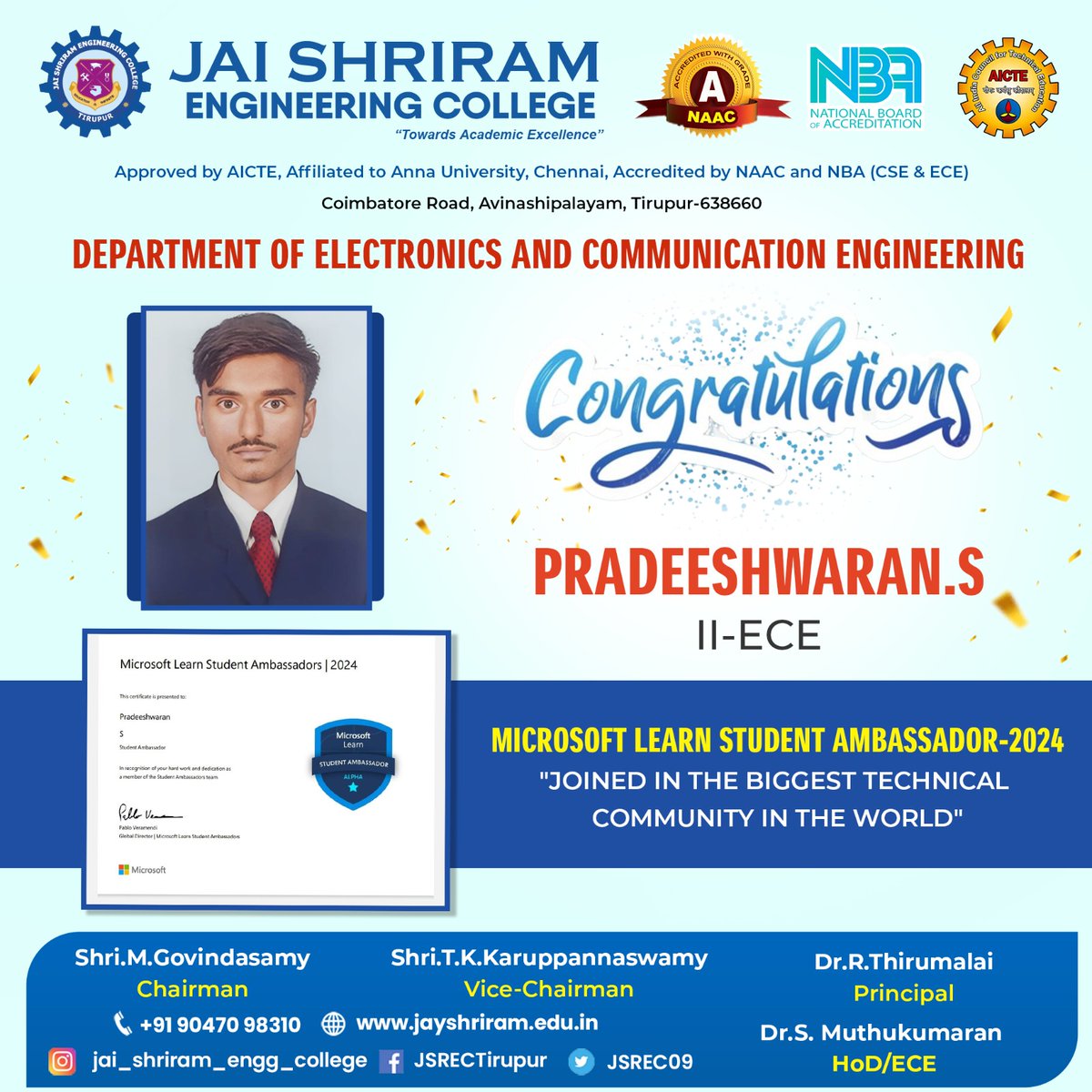 JSREC09's tweet image. Department of Electronics and Communication engineering Student Pradeeshwaran.S Microsoft Learn Student Ambassador 2024 joined in the Biggest Technical Community in the world

#jaishriramengineeringcollege #JSREC #college #annauniversity #engineering #student #placement #job