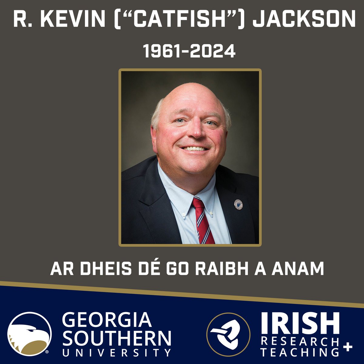 The Center for Irish Research &amp; Teaching <a href="/GeorgiaSouthern/">GeorgiaSouthern</a> extends its condolences to Libby &amp; the Jackson family. Family, football, business: Catfish was good &amp; he did good. We recall w/ gratitude his support of TradeBridge, a Savannah-Ireland economic development initiative.