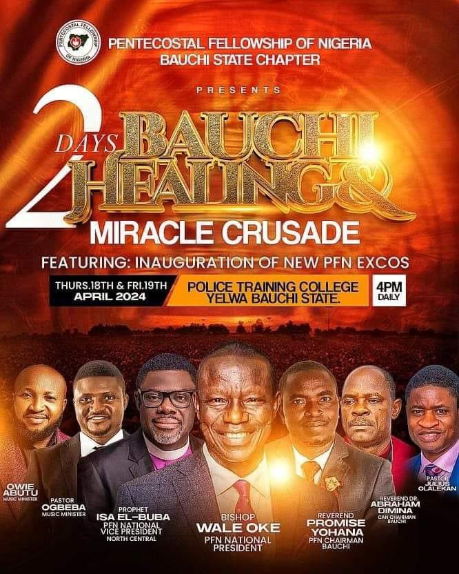 The 2 day Bauchi Healing and Miracles Crusade commences today. You wouldn't want to miss this meeting for anything Join us at The Police Training College Yelwa, Bauchi State by 5pm. God bless you.