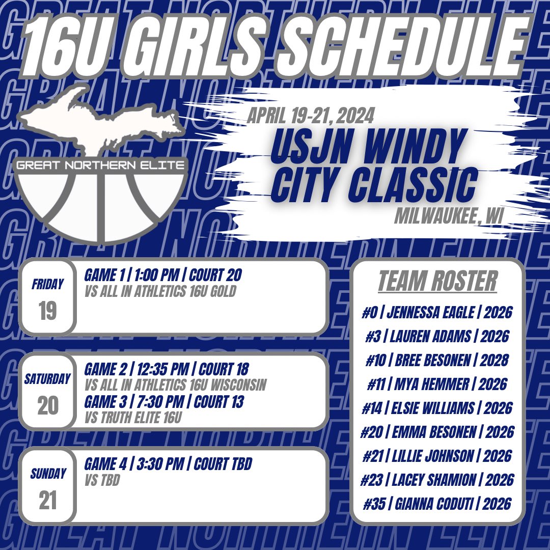 Our 16U girls schedule for this weekend at the @USJN #WindyCityClassic in Milwaukee, WI! @jenessaeagle3 @laurenadams0303 @Hemmer_mya26 @gianna_coduti @Lillie_J0hnson @laceymshamion