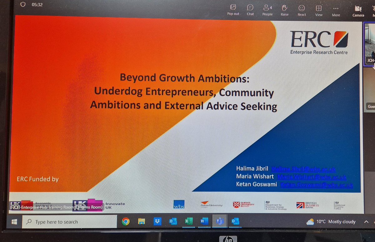 It is the ERC’s monthly seminar and @maria_wishart and @haalyjibril are presenting new research focusing on the community ambitions of “underdog” (disadvantaged) entrepreneurs and how these are shaped by external business advice #Entrepreneurship #advice #community @ESRC