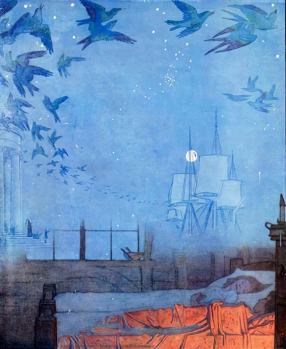 When the world is fast asleep, Along the midnight skies— As though it were a wandering cloud— The ghostly dream-ship flies. 📘The Dream Ship, 1896 𓅯 🖊️Eugene Field (US Writer) 𓅯 🖼️The Blue Bird Dream Ships, 1900 𓅯 🎨Frederick Cayley Robinson (English Artist) 𓅯 #dreamship