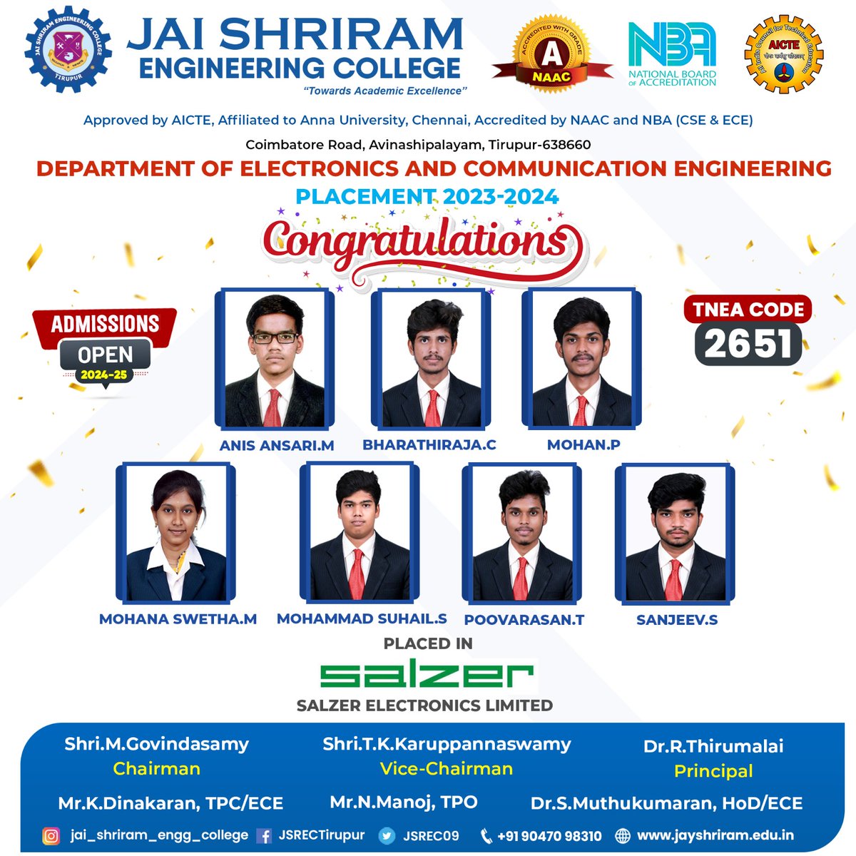 JSREC09's tweet image. Department of Electronics and Communication engineering Students Anis Ansari.M Bharathiraja.C,Mohan.p,Mohana Swetha.M,Mohammad Suhail.S,Poovarasan.T,Sanjeev.S got placed in Salzer Electronics Limited

#jaishriramengineeringcollege #JSREC #college #annauniversity #engineering