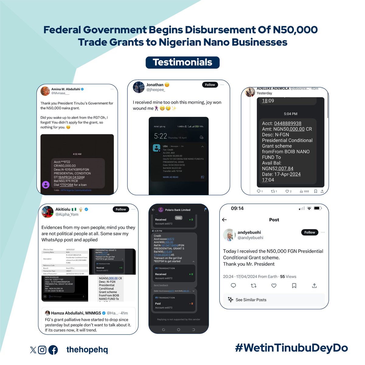 Here are some testimonials from beneficiaries of the Federal Government's N50,000 Presidential Conditional Grant Scheme (Trade Grants Scheme) for nano businesses in Nigeria #WetinTinubuDeyDo #GreatnessIsComing @TradeInvestNG @DrDorisAnite