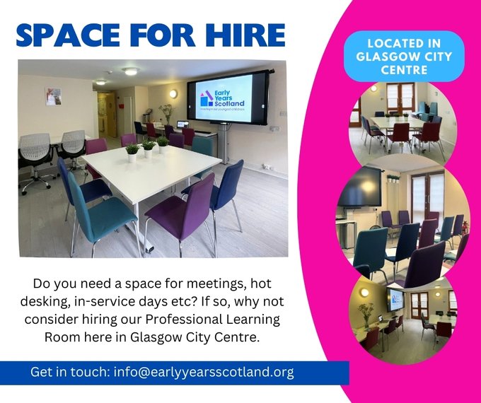 Are you looking for somewhere for meetings, training days, hot-desking etc? Our spacious, comfortable and well-equipped professional learning room in Glasgow city centre is available for hire. Contact us at 𝗶𝗻𝗳𝗼@𝗲𝗮𝗿𝗹𝘆𝘆𝗲𝗮𝗿𝘀𝘀𝗰𝗼𝘁𝗹𝗮𝗻𝗱.𝗼𝗿𝗴 for all the details.