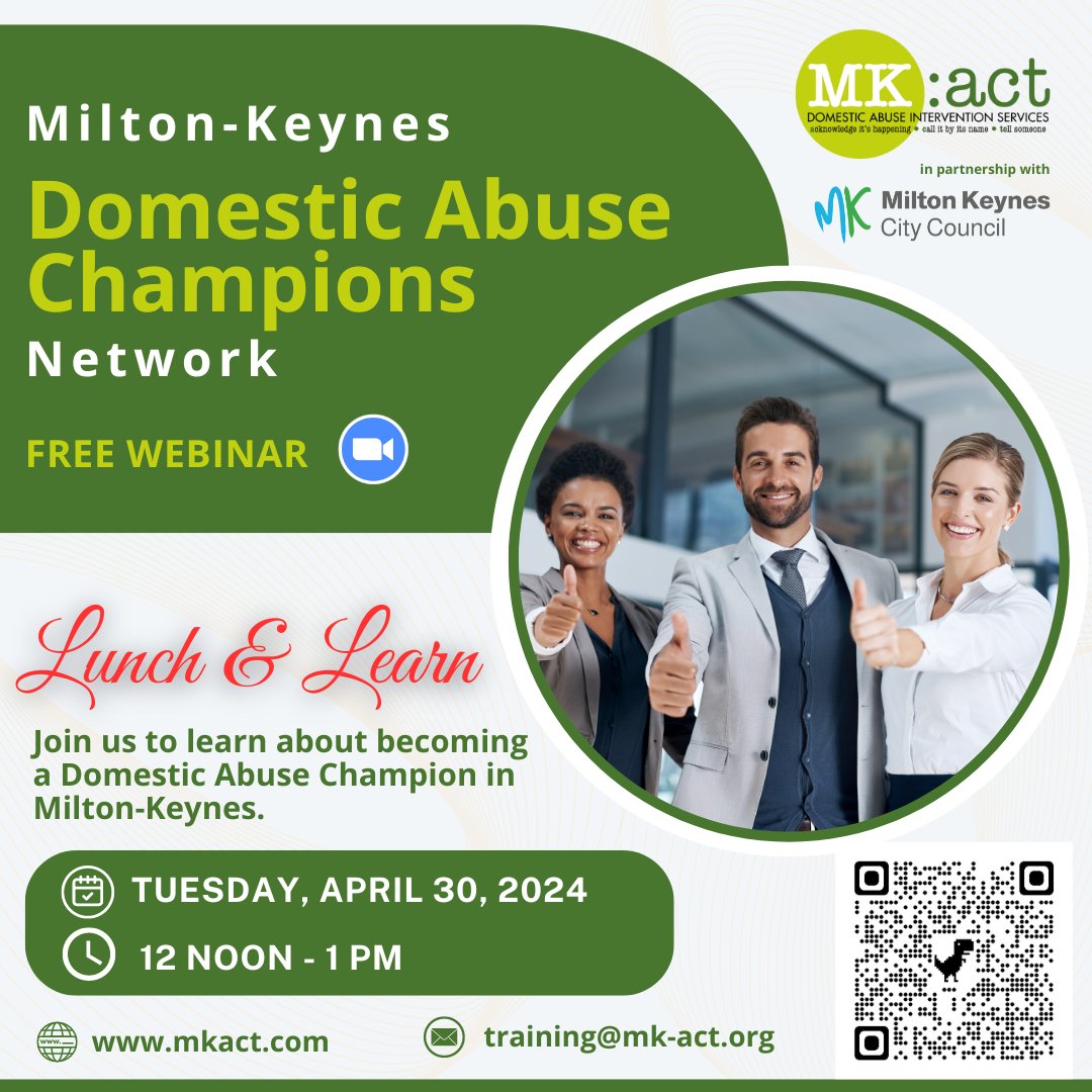 We'd like to invite you to join the FREE MK-Act Milton Keynes Domestic Abuse Champions Lunch & Learn info-session. Date: Tuesday, April 30, 2024 Time: 12:00 PM to 1:00PM us02web.zoom.us/meeting/regist… #MiltonKeynes #DAChampions