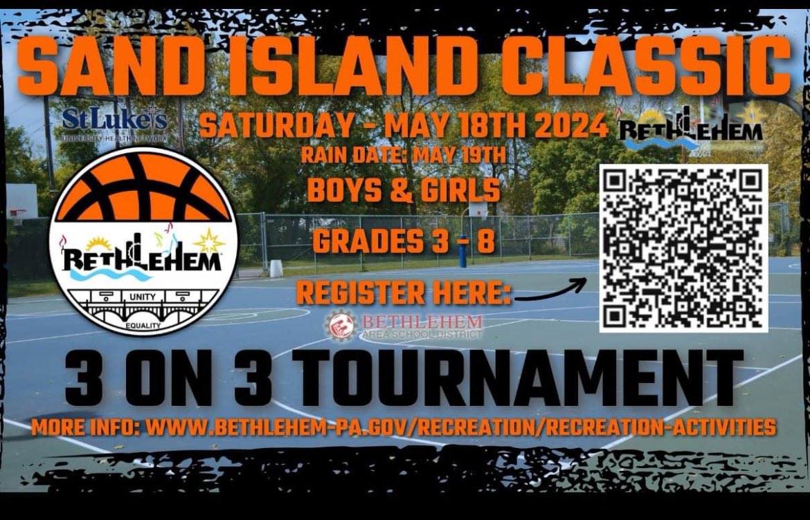 The Inaugural Sand Island Classic 3v3 Basketball Tournament is coming to you on Saturday May 18th! This event will feature grades 3-8 boys and girls divisions. Free for anyone who attends a school in the Bethlehem Area School District. Spots are limited! We hope to see you there!