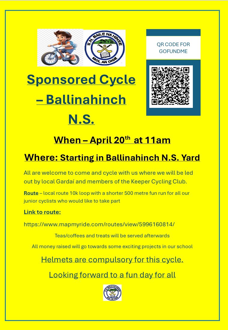 2 days to go. We are all very excited and all support would be greatly appreciated by all in our school community 👍🏻🇺🇦🏫🚴‍♀️ @NenaghGuardian @StMarys_Newport @NewportCollege @BallinahinchGAA @TulachSheasta1