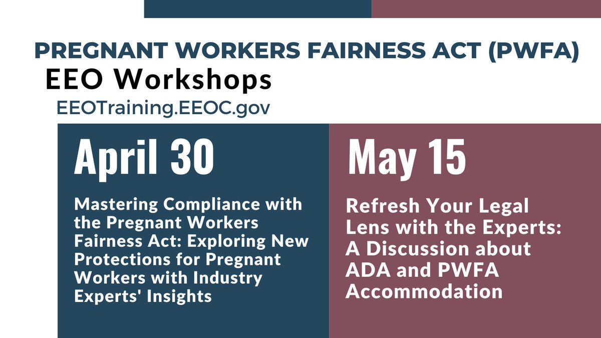 Register today for an upcoming EEO workshop. Please note, registration for the workshop on April 30 closes soon. Act quickly to secure your virtual seat. eeotraining.eeoc.gov/profile/web/in… #PWFA #EEO