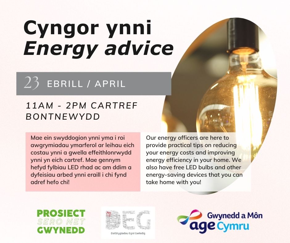 Bydd ein Swyddogion Ynni yng Nghartref Bontnewydd yfory (23ain o Ebrill) o 11yb - 2yp - dewch draw am sgwrs am eich biliau ynni! Our Energy Officers will be at Cartref Bontnewydd tomorrow (23rd April) from 11am - 2pm on the 23rd - come by for a chat about your energy bills!