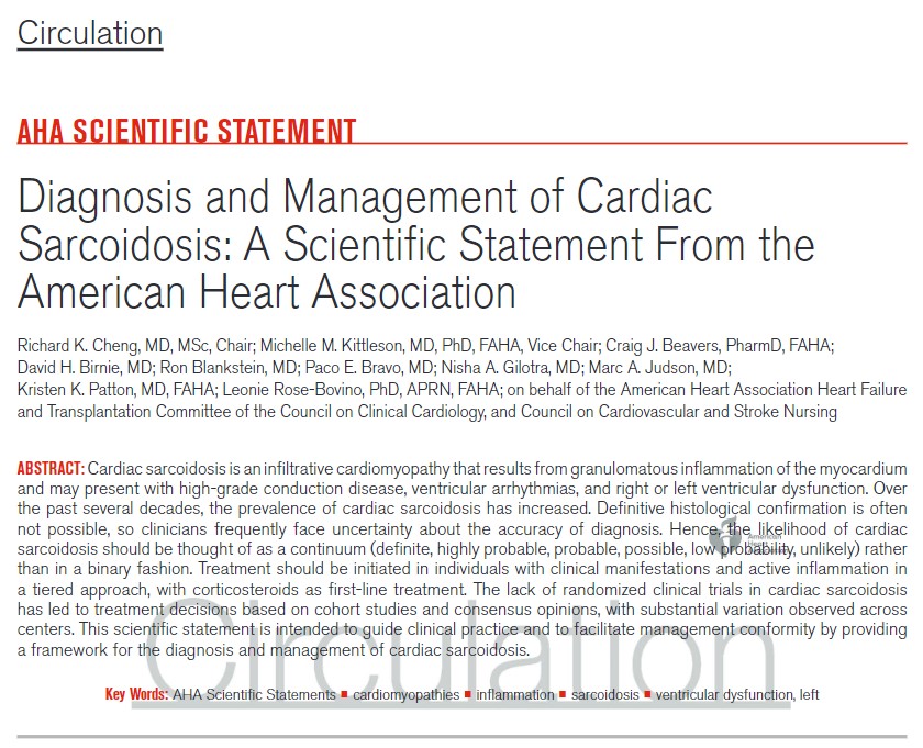 Richardkcheng (@richardkcheng2) on Twitter photo Hot off the press 🔥🔥🔥– AHA Scientific Statement on the Diagnosis and Management of Sarcoidosis. Thank you to <a href="/AHAScience/">AHA Science</a> and the AHA HF and Nursing Councils for the chance to work on this! <a href="/KBreathettMD/">Khadijah Breathett, MD, MS, FACC, FAHA, FHFSA</a> <a href="/MKIttlesonMD/">Michelle Kittleson MD PhD</a> <a href="/rhythmkris/">Kristen Patton</a> <a href="/UWMedHeart/">UWashington Heart Institute</a> - ahajournals.org/doi/epdf/10.11… Hot off the press 🔥🔥🔥– AHA Scientific Statement on the Diagnosis and Management of Sarcoidosis. Thank you to <a href="/AHAScience/">AHA Science</a> and the AHA HF and Nursing Councils for the chance to work on this! <a href="/KBreathettMD/">Khadijah Breathett, MD, MS, FACC, FAHA, FHFSA</a> <a href="/MKIttlesonMD/">Michelle Kittleson MD PhD</a> <a href="/rhythmkris/">Kristen Patton</a> <a href="/UWMedHeart/">UWashington Heart Institute</a> - ahajournals.org/doi/epdf/10.11…
