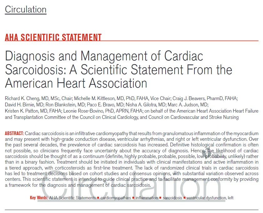 Hot off the press 🔥🔥🔥– AHA Scientific Statement on the Diagnosis and Management of Sarcoidosis. Thank you to @AHAScience and the AHA HF and Nursing Councils for the chance to work on this! @KBreathettMD @MKIttlesonMD @rhythmkris @UWMedHeart - ahajournals.org/doi/epdf/10.11…