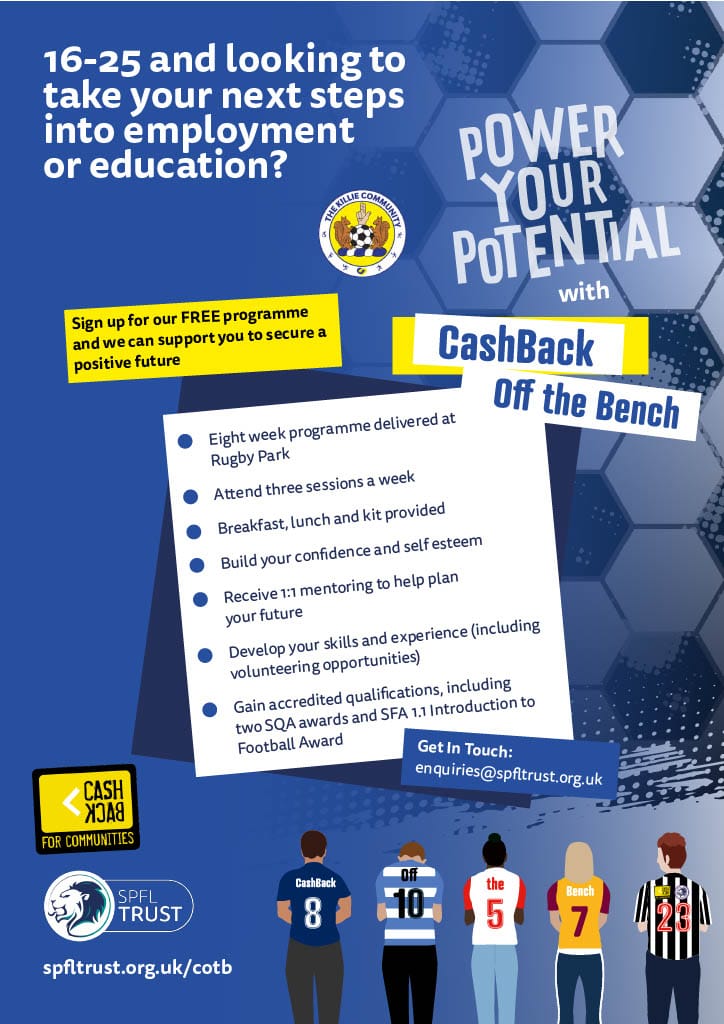 Based at Rugby Park, Killie's 8-week 𝙊𝙛𝙛 𝙏𝙝𝙚 𝘽𝙚𝙣𝙘𝙝 programme will give you the chance to build your confidence, self-esteem, and realise your potential. If you are 16-24 & looking to take your next steps, sign up below.👇 form.jotform.com/241011902698353