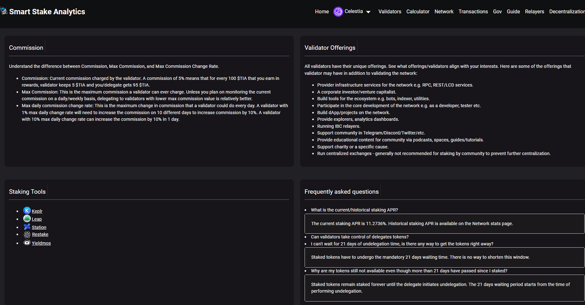 Are you new to staking? Want to understand staking risks? Evaluate liquid staking? Evaluate validators? Need direct links for staking choices? Got other questions? The staking guide at analytics.smartstake.io covers them all $TIA $SAGA $DYM $ATOM $OSMO $LUNA $INJ $XPRT $AKT