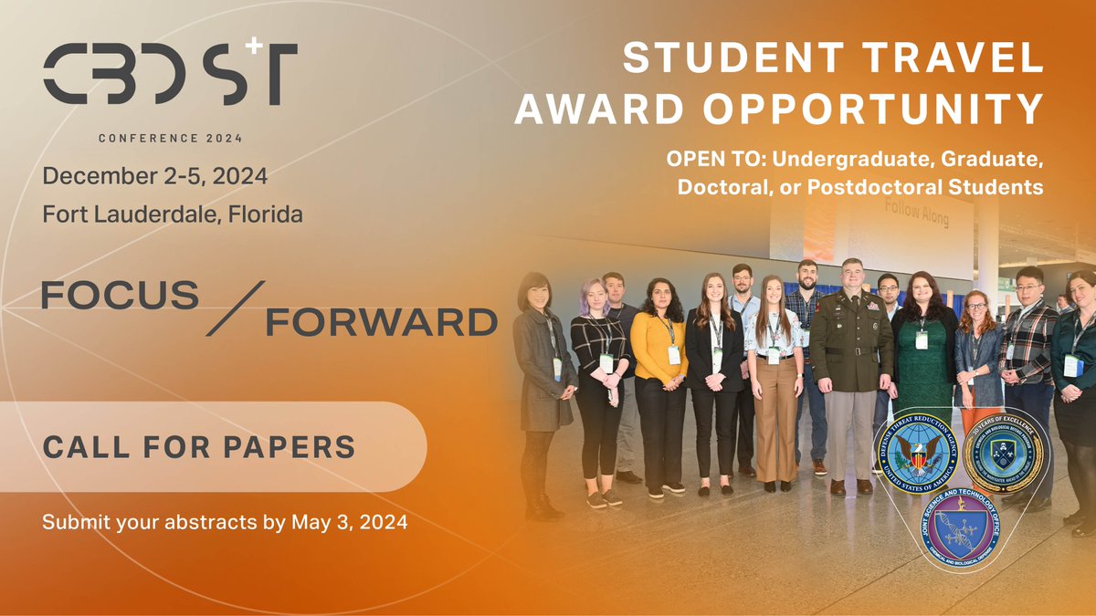 Shape the future of chem-bio defense at the #CBDST2024 Conference! Submit your research today! 𝟐𝟎 𝐀𝐰𝐚𝐫𝐝𝐬 𝐚𝐯𝐚𝐢𝐥𝐚𝐛𝐥𝐞.
*Must be enrolled in an accredited college/university at time of submission & conference
*Reviewed by JSTO experts
➡️cbdstconference.com