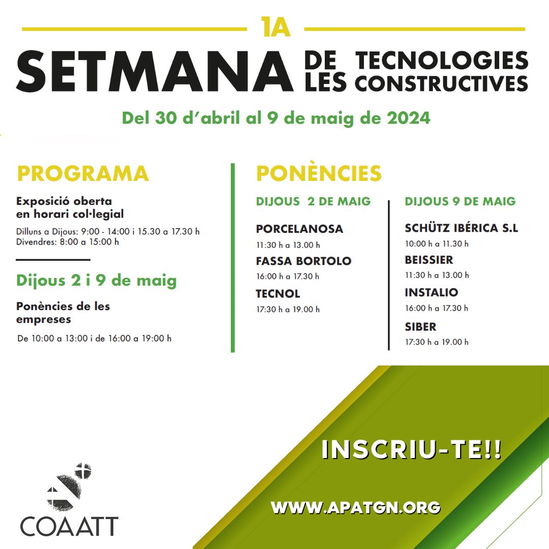 coattarragona's tweet photo. 🗓️ SETMANA DE LES TECNOLOGIES CONSTRUCTIVES · del 30 d'abril al 9 de maig

✅Un espai de trobada entre tècnics i empreses per conèixer les darreres novetats en materials i tecnologies.

➕info i inscripcions: https://t.co/Y4NDcRZaaI
#agenda #arquitecturatecnica #tarragona https://t.co/27qeJkygta