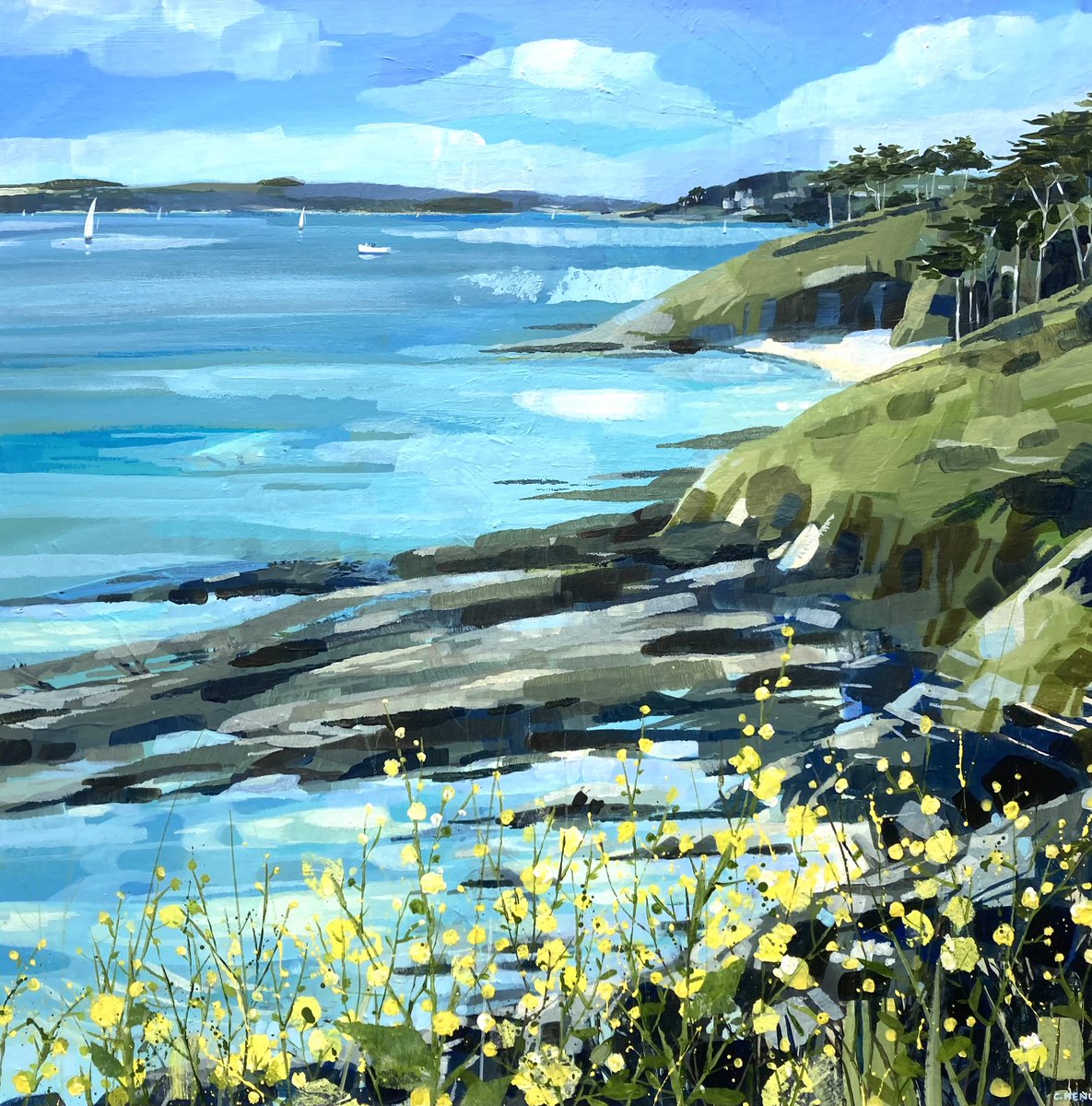 Here's the sister painting to the St Mawes one of a couple of days ago. Molunan Beach with a distant view of St Mawes Castle. We swam here last July - nippy but glorious. Now hanging at @HarbourGallery #stmawes #Molunan #roselandpeninsula #cornwall