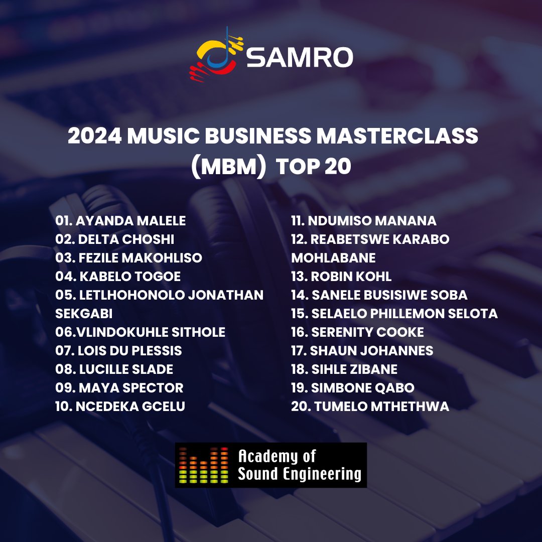 ANNOUNCEMENT: SAMRO, in collaboration with the Academy of Sound Engineering (ASE), is pleased to unveil the twenty (20) recipients of the fully funded bursaries for the inaugural Music Business Masterclass (MBM), scheduled to commence on April 22, 2024. This groundbreaking…